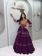 Navratri Gamthi Work Cotton Lehenga Choli with Koti and 9 Meter Flair back view