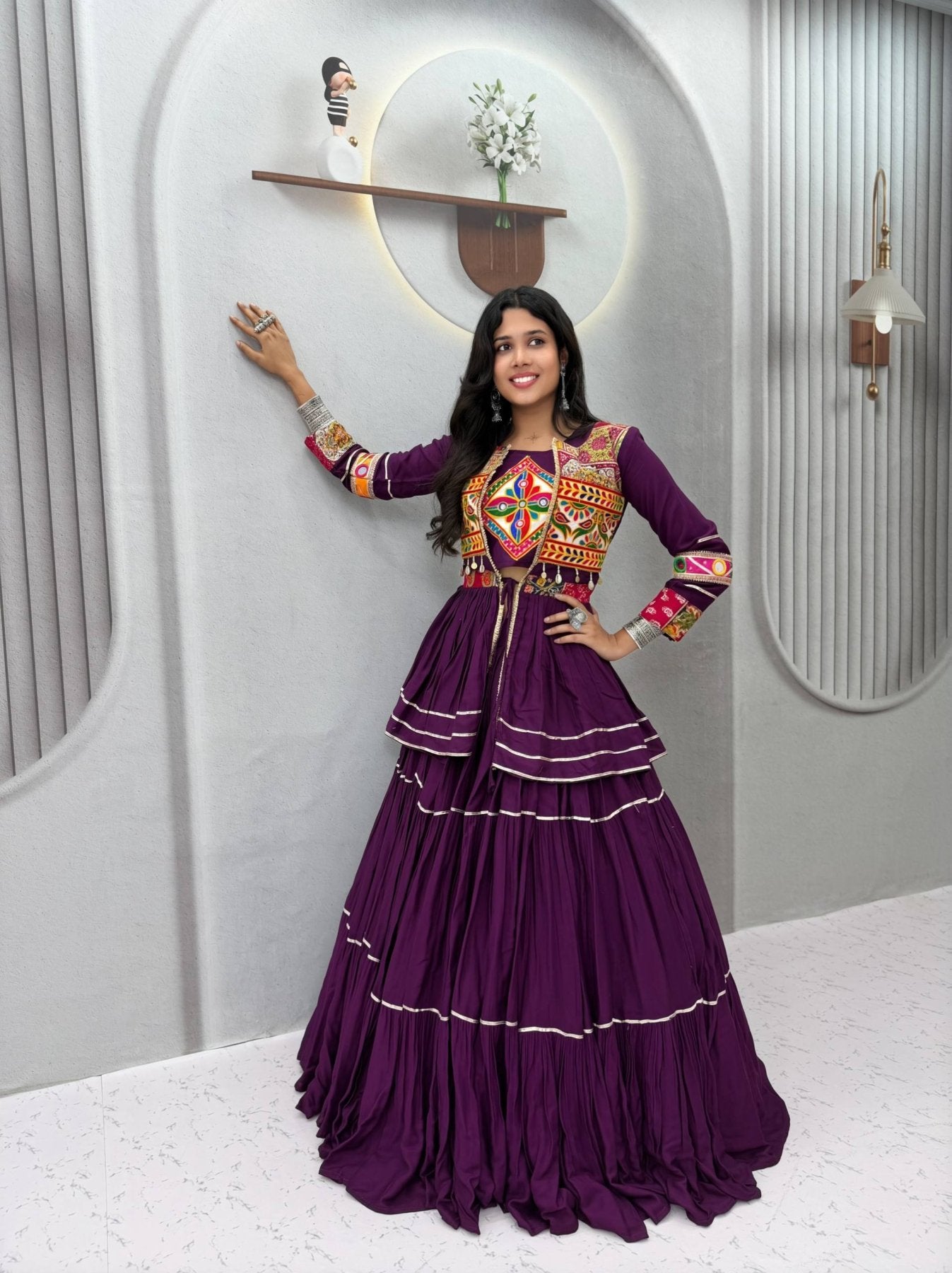 Navratri Gamthi Work Cotton Lehenga Choli with Koti and 9 Meter Flair back view