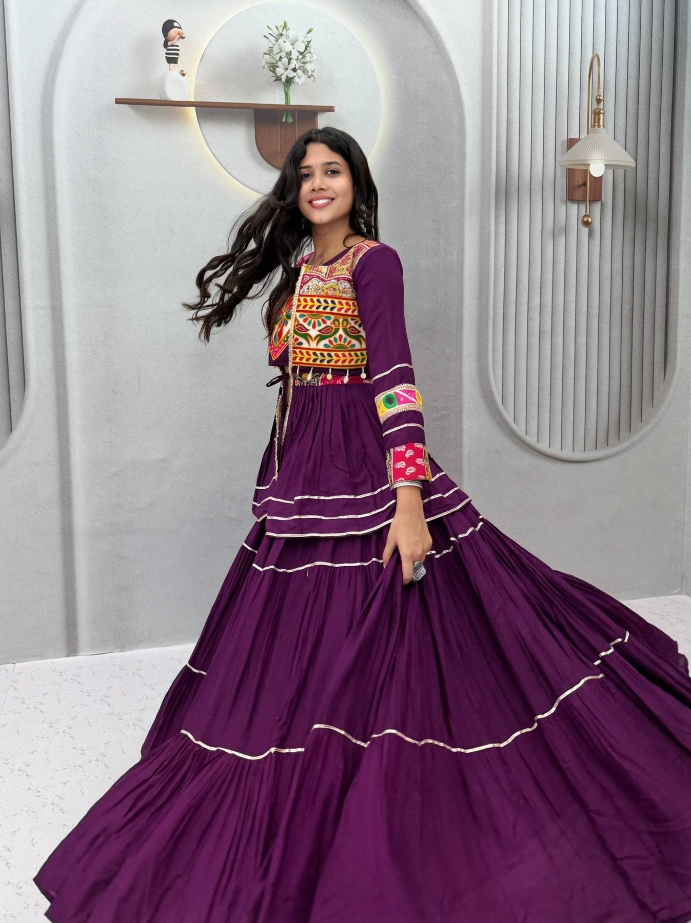 Navratri Gamthi Work Cotton Lehenga Choli with Koti and 9 Meter Flair front view