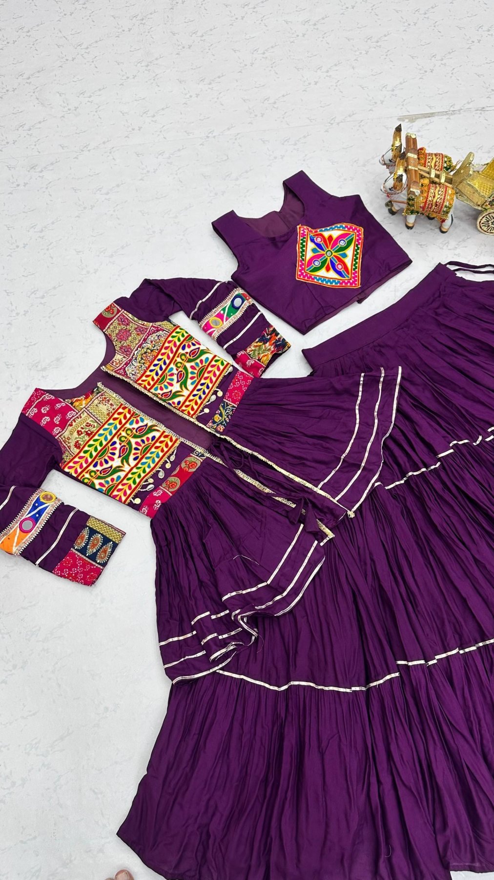 Navratri Gamthi Work Cotton Lehenga Choli with Koti and 9 Meter Flair blouse and dupatta detail