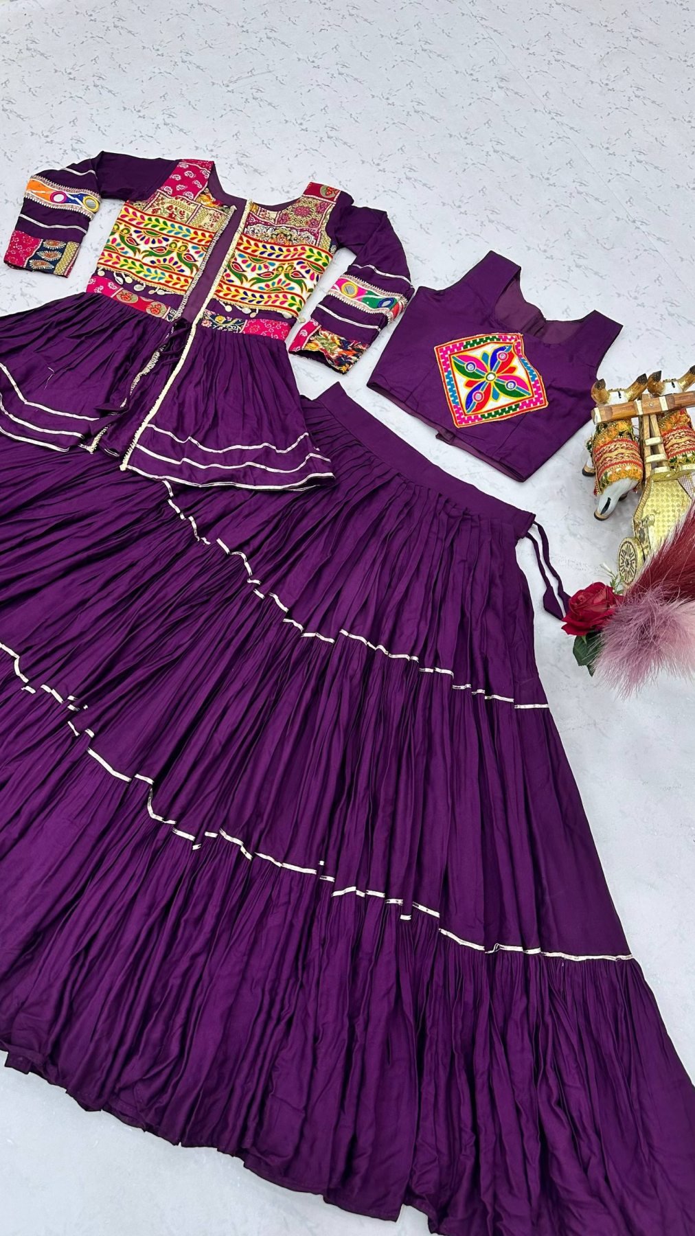 Navratri Gamthi Work Cotton Lehenga Choli with Koti and 9 Meter Flair embroidery close-up