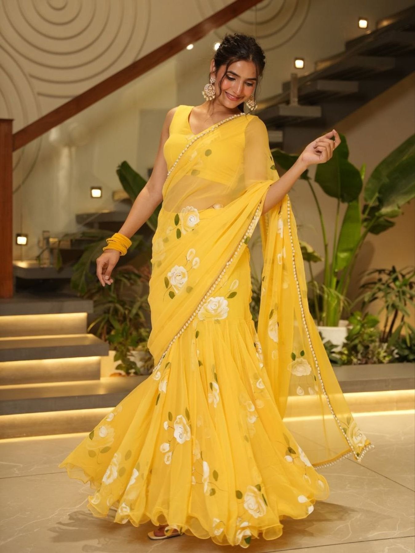 Yellow Ruffle Lehenga Saree with Attached Dupatta for Party Wear for women | Snyvia