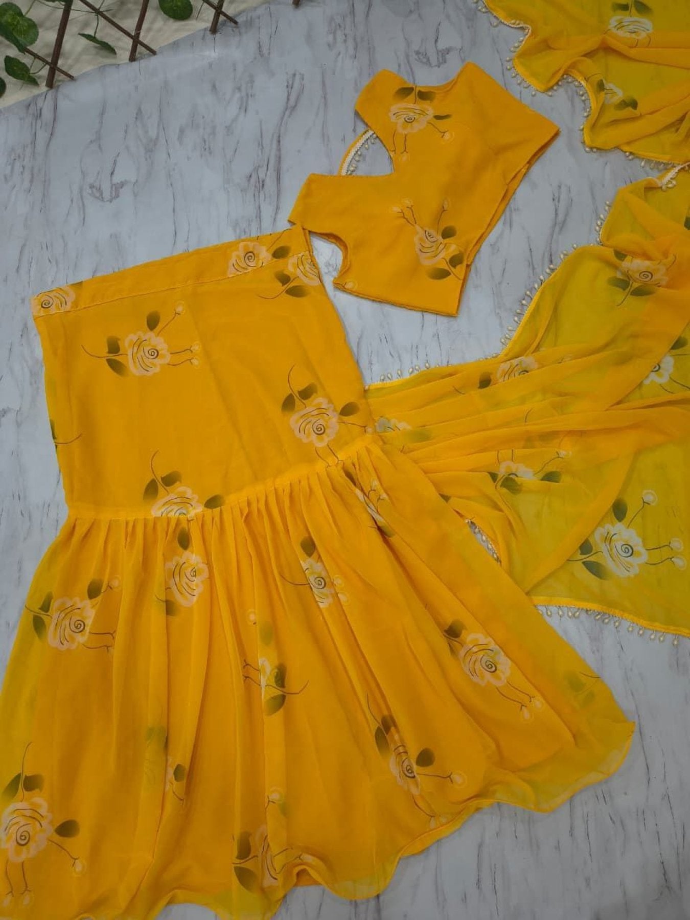 Ruffle Lehenga Saree with Attached Dupatta for Party Wear blouse and dupatta detail