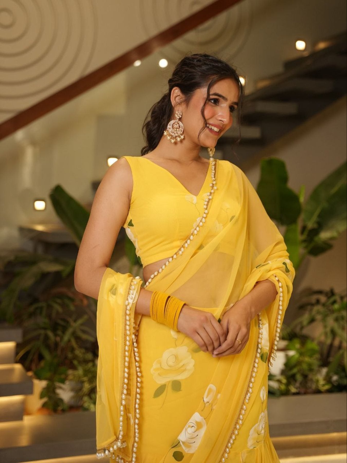Sky Blue Ruffle Lehenga Saree with Attached Dupatta for Party Wear full drape view