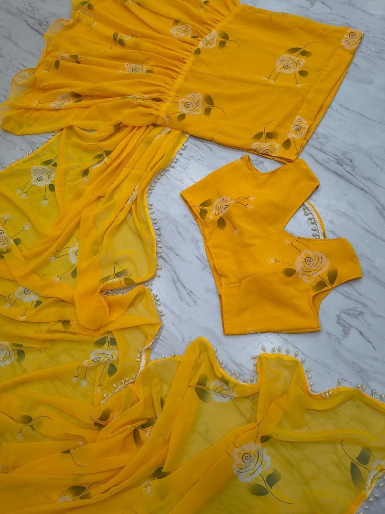 Ruffle Lehenga Saree with Attached Dupatta for Party Wear front view