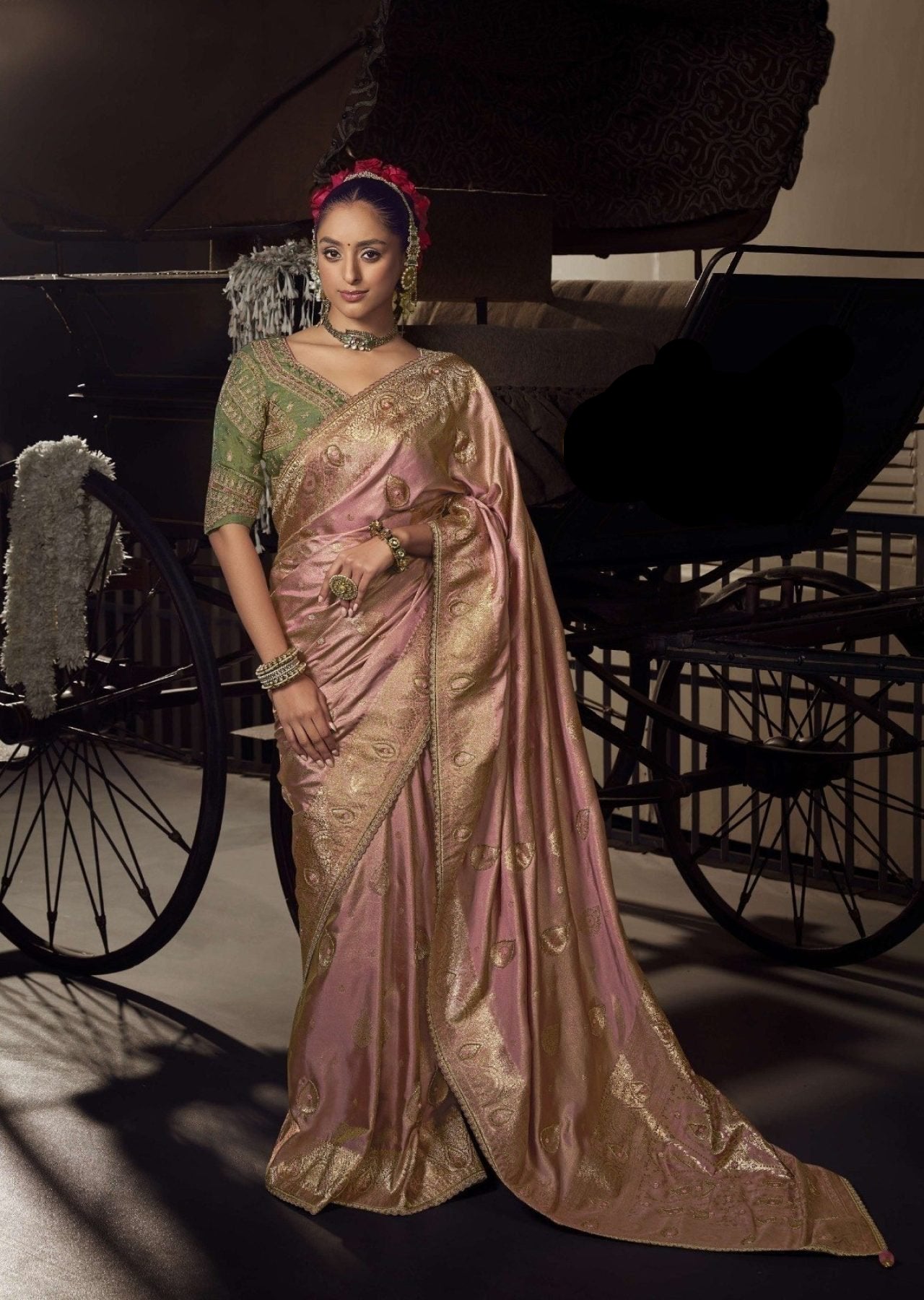 Pink Viscose Saree - blouse and border close-up