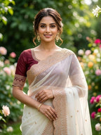 White Georgette Saree for women - full front view | Snyvia