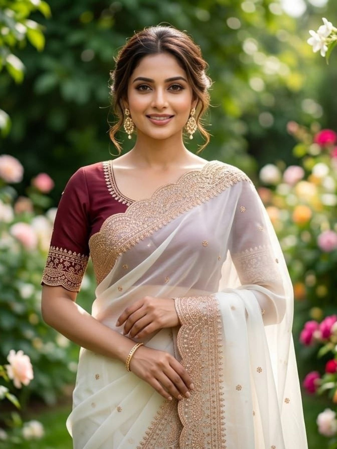 White Georgette Saree for women - full front view | Snyvia