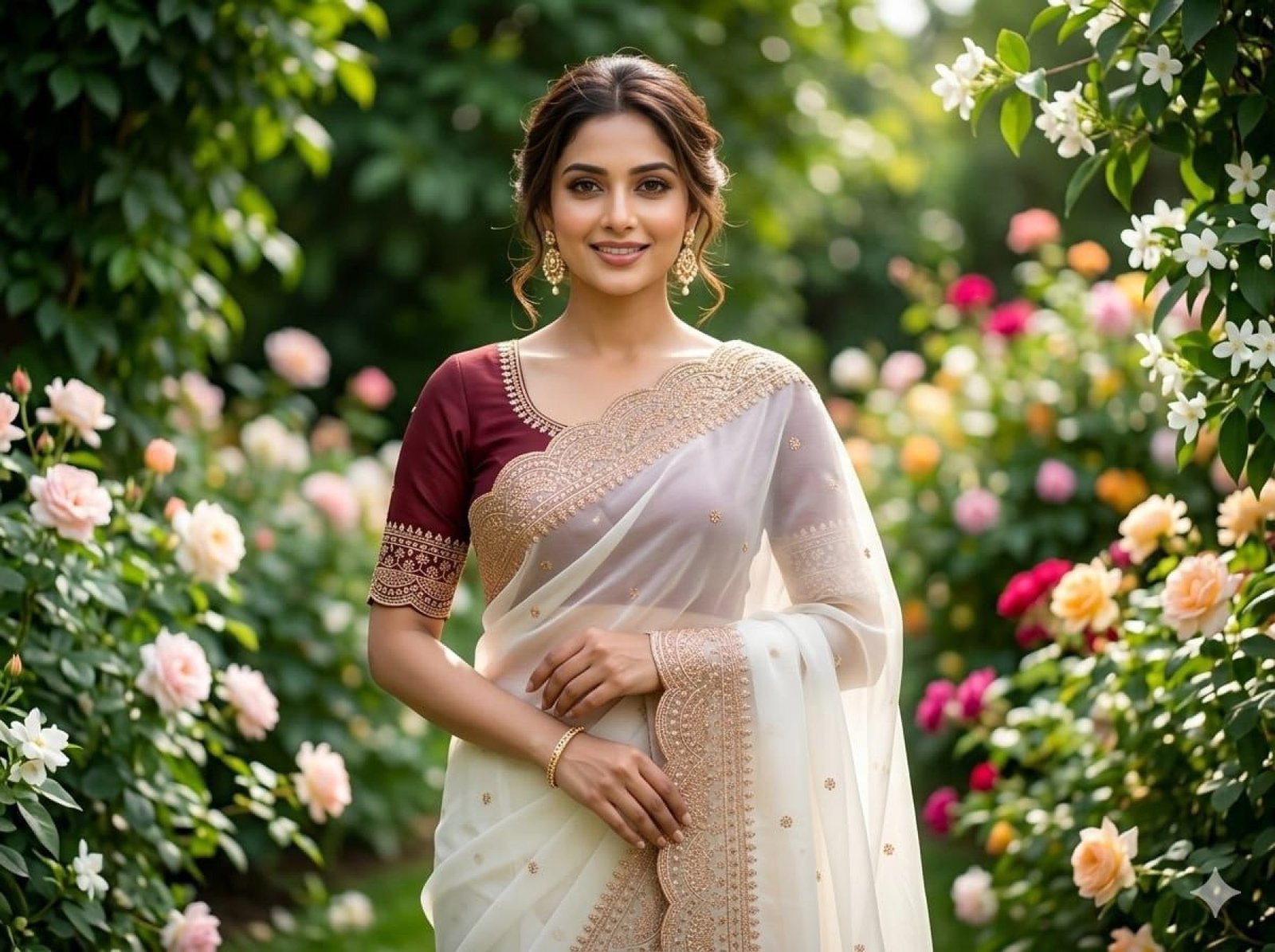 White Georgette Saree - drape and pallu detail