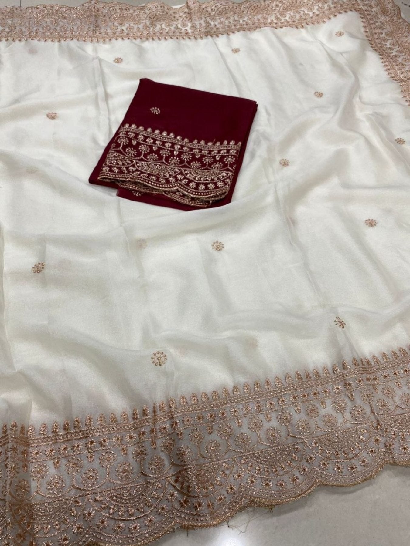 White Georgette Saree - side drape view