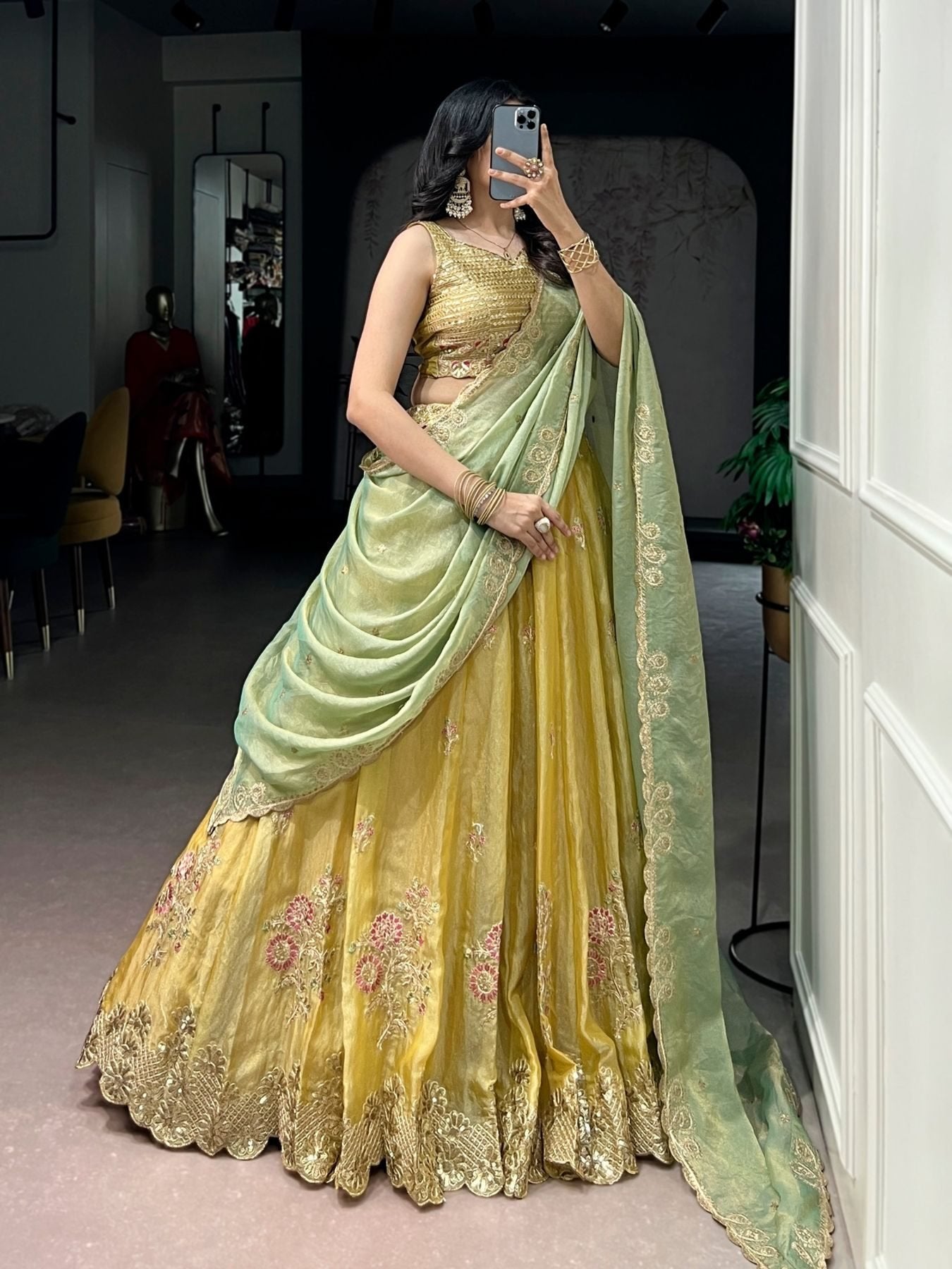 NC Moss Silk Lehenga with Sequins Thread Embroidery for Wedding Wear for women | Snyvia