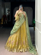 Yellow NC Moss Silk Lehenga with Sequins Thread Embroidery for Wedding Wear full drape view
