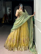 Yellow NC Moss Silk Lehenga with Sequins Thread Embroidery for Wedding Wear blouse and dupatta detail