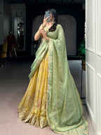 Yellow NC Moss Silk Lehenga with Sequins Thread Embroidery for Wedding Wear fabric texture detail