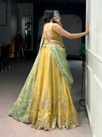 Yellow NC Moss Silk Lehenga with Sequins Thread Embroidery for Wedding Wear back view