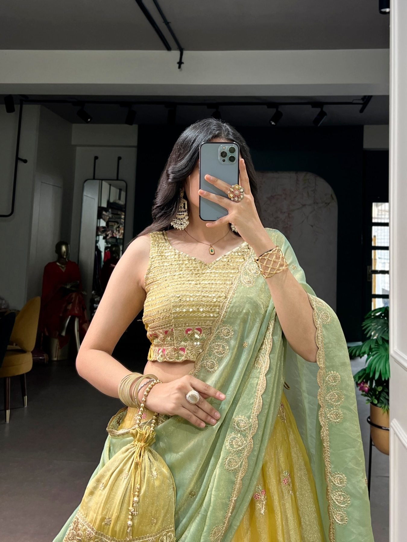 Yellow NC Moss Silk Lehenga with Sequins Thread Embroidery for Wedding Wear styling view