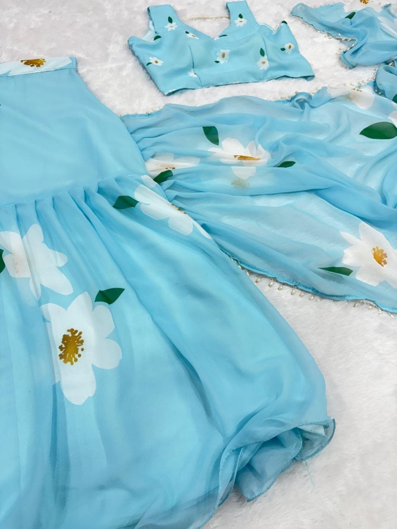 Ruffle Lehenga Saree with Attached Dupatta for Party Wear fabric texture detail