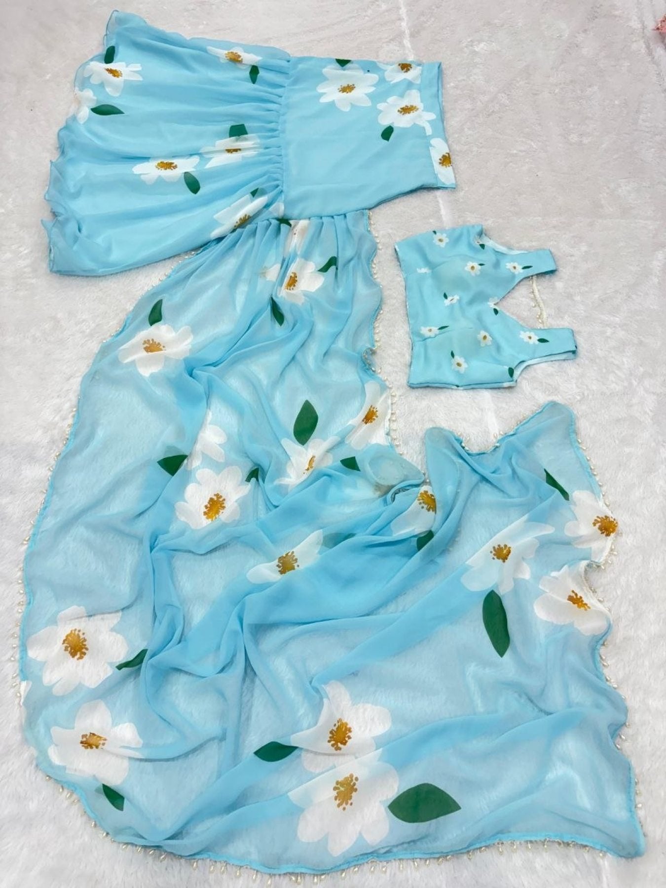 Ruffle Lehenga Saree with Attached Dupatta for Party Wear back view