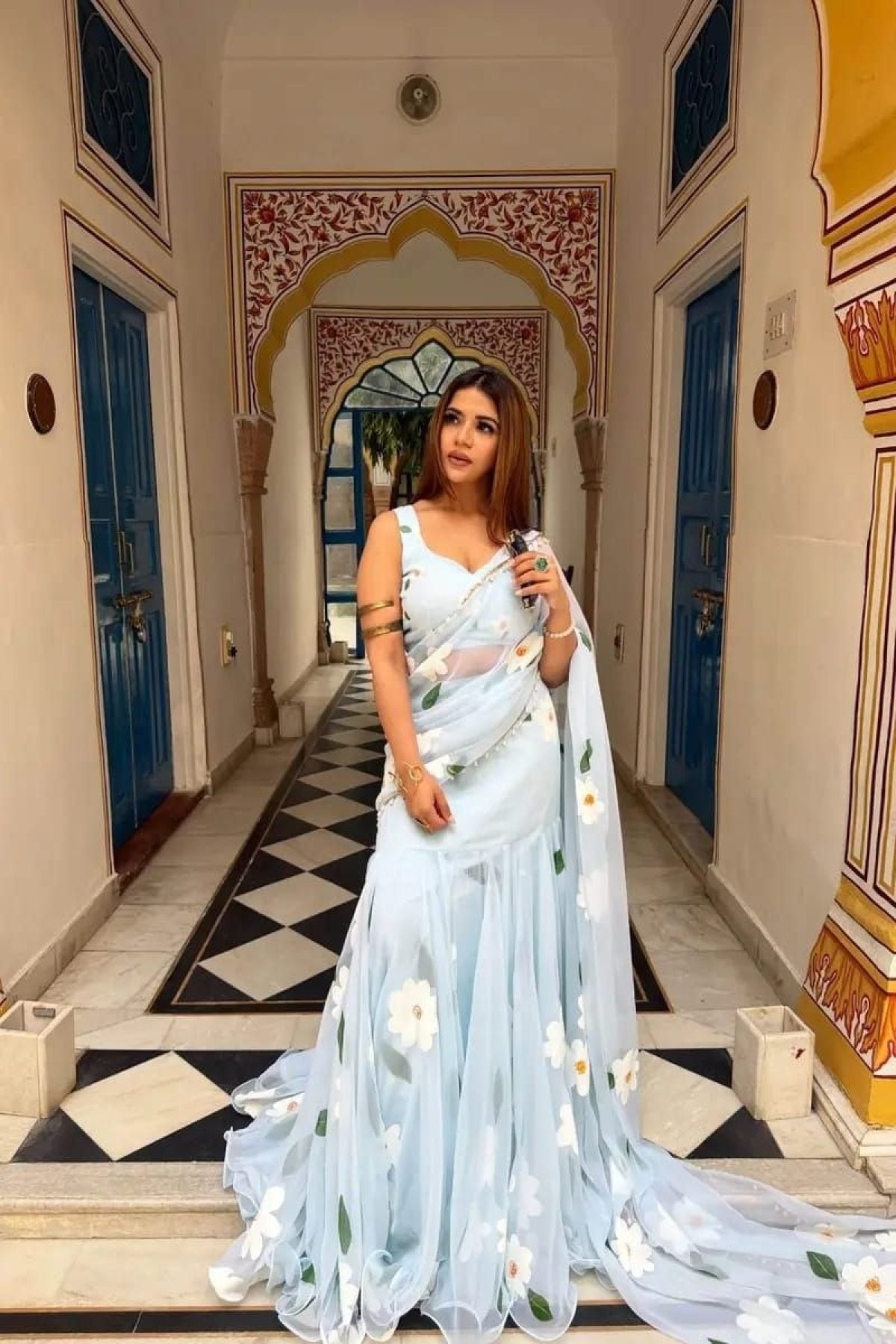 Ruffle Lehenga Saree with Attached Dupatta for Party Wear full drape view