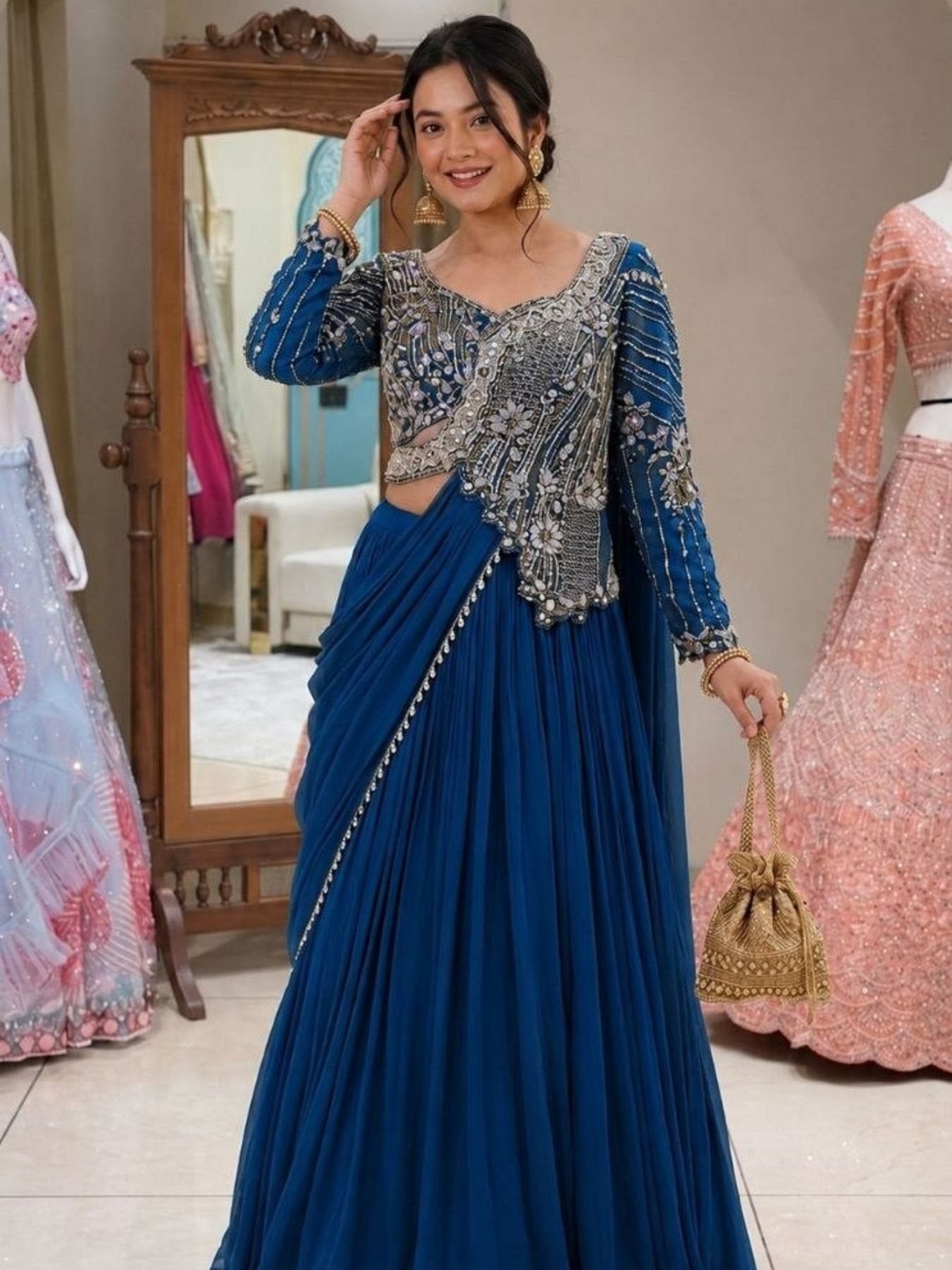 Rangoli Lehenga Choli with Embroidery Sequence Work For Special Occasions full drape view