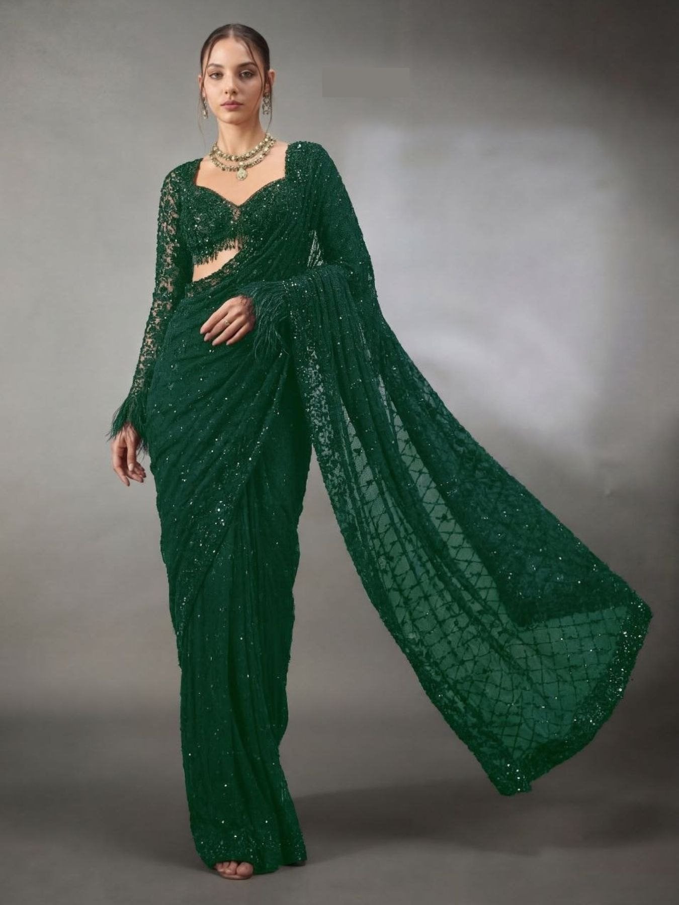 Green Georgette Saree for women - full front view | Snyvia