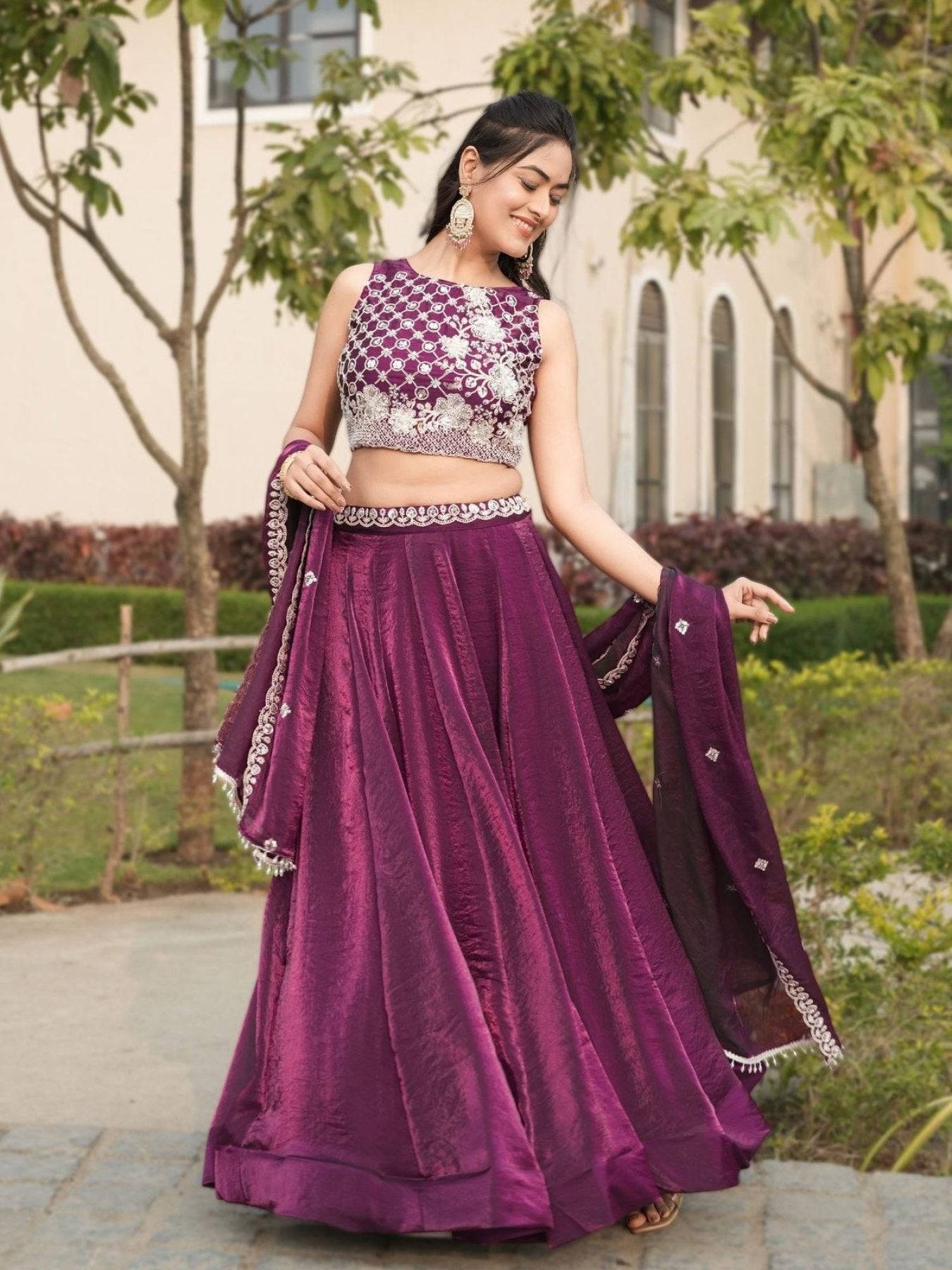 Fendi Silk Lehenga Choli with White Beads Work for Wedding Wear embroidery close-up