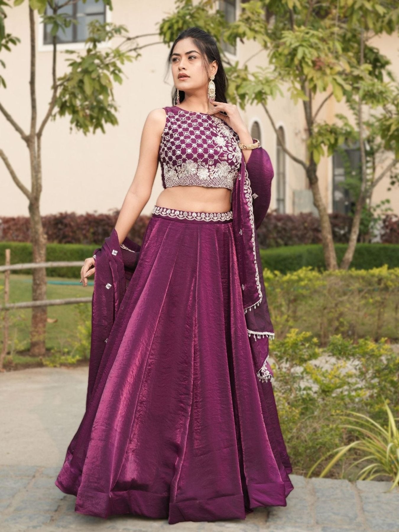 Fendi Silk Lehenga Choli with White Beads Work for Wedding Wear fabric texture detail