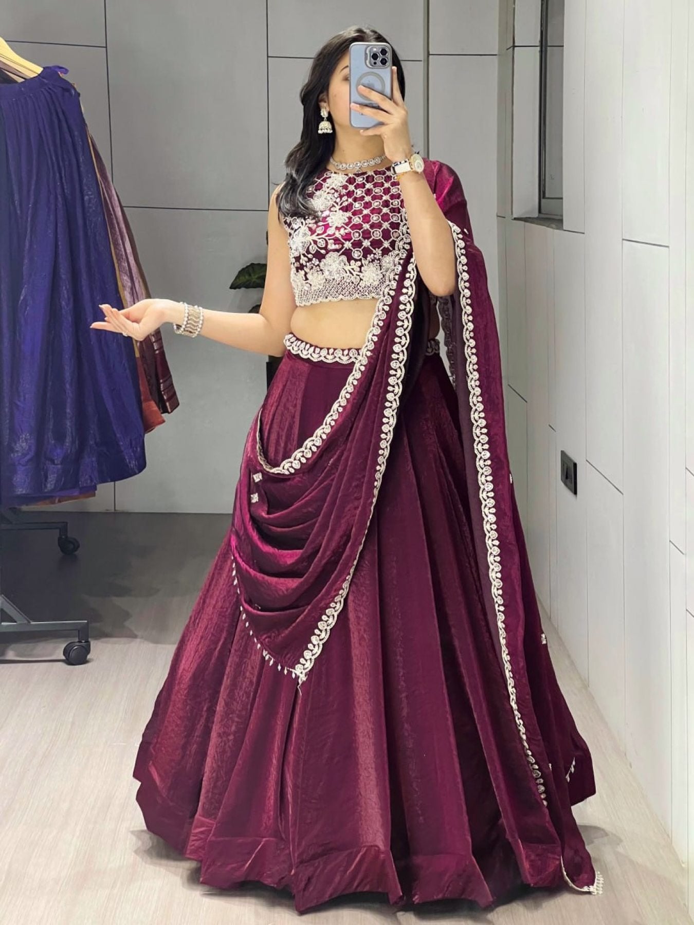 Fendi Silk Lehenga Choli with White Beads Work for Wedding Wear embroidery close-up