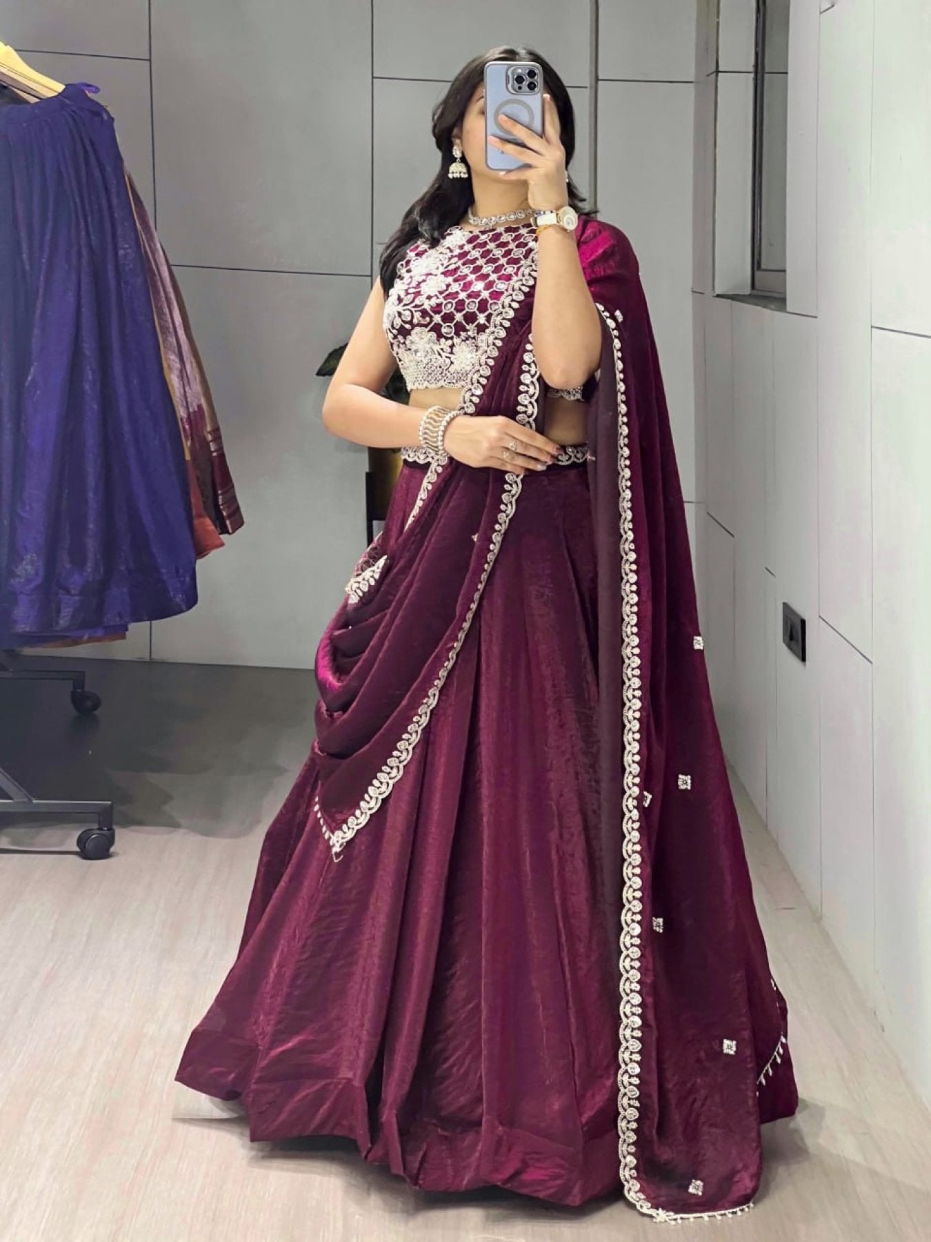 Fendi Silk Lehenga Choli with White Beads Work for Wedding Wear back view