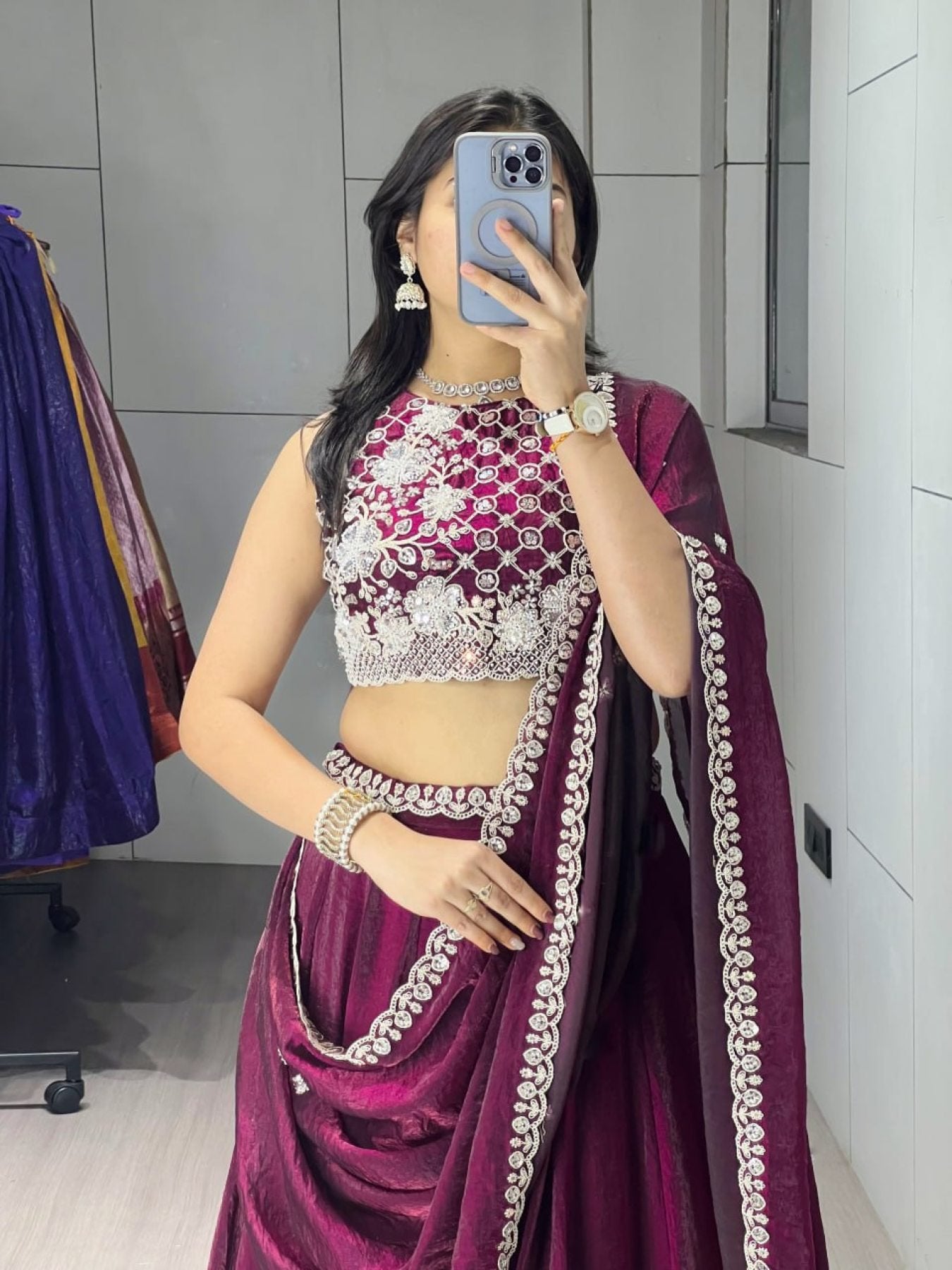 Fendi Silk Lehenga Choli with White Beads Work for Wedding Wear styling view