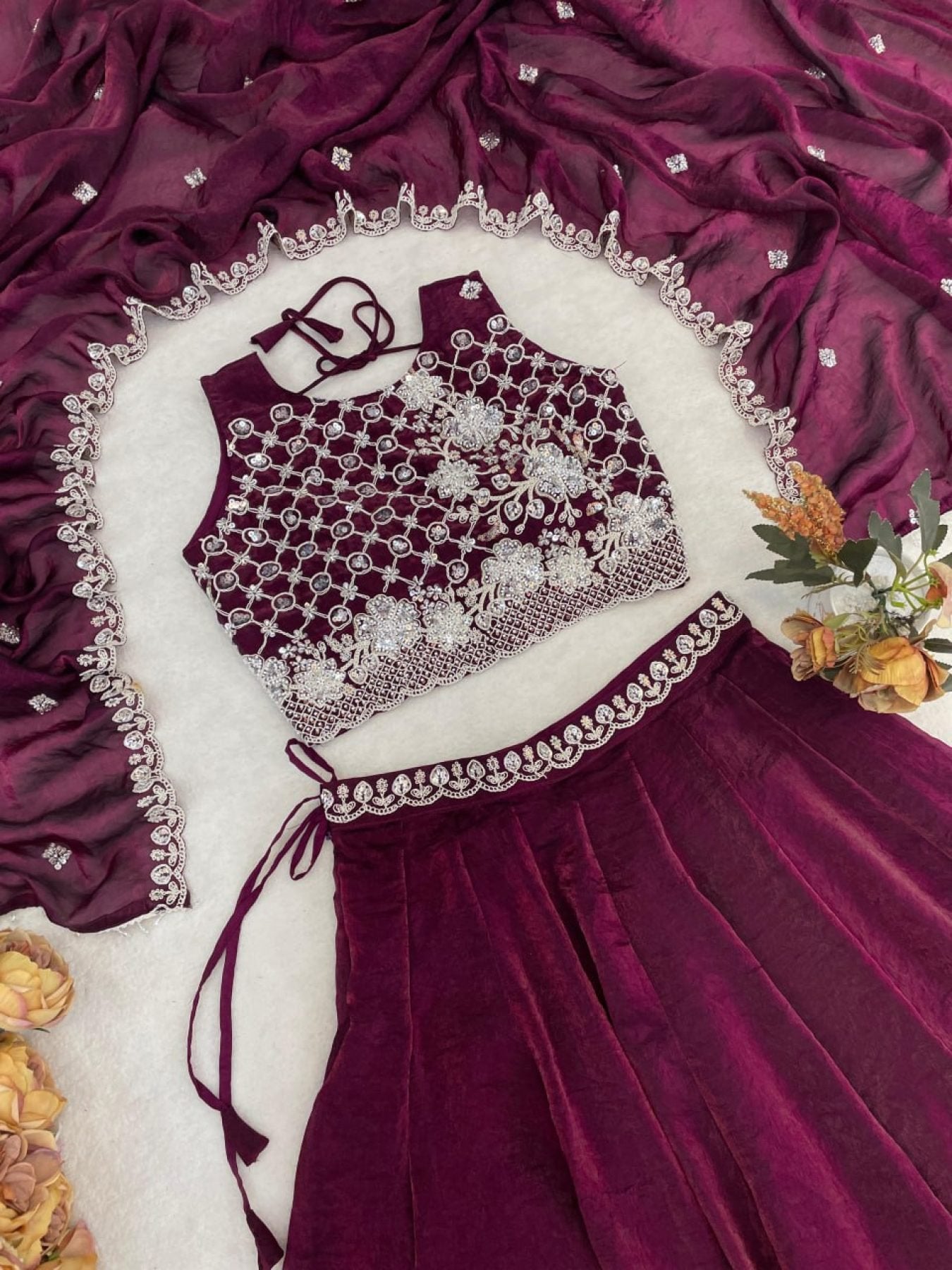 Fendi Silk Lehenga Choli with White Beads Work for Wedding Wear front view