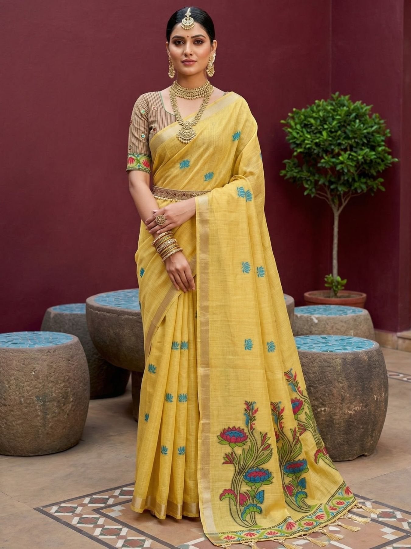 Yellow Cotton Saree for women - full front view | Snyvia