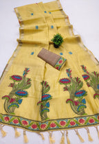 Yellow Cotton Saree - side drape view