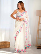 White Organza Saree for women - full front view | Snyvia