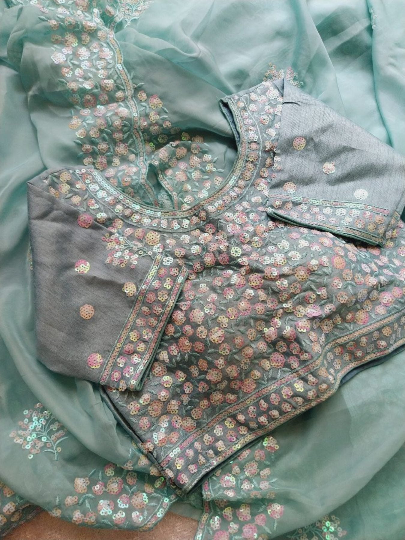 Green Organza Saree - side drape view