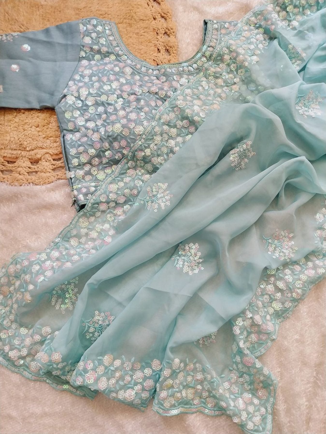 Green Organza Saree - fabric texture close-up