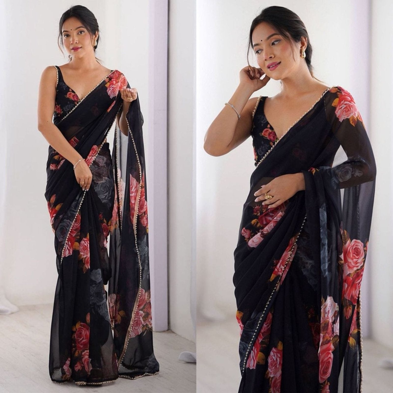 Black Georgette Saree - drape and pallu detail