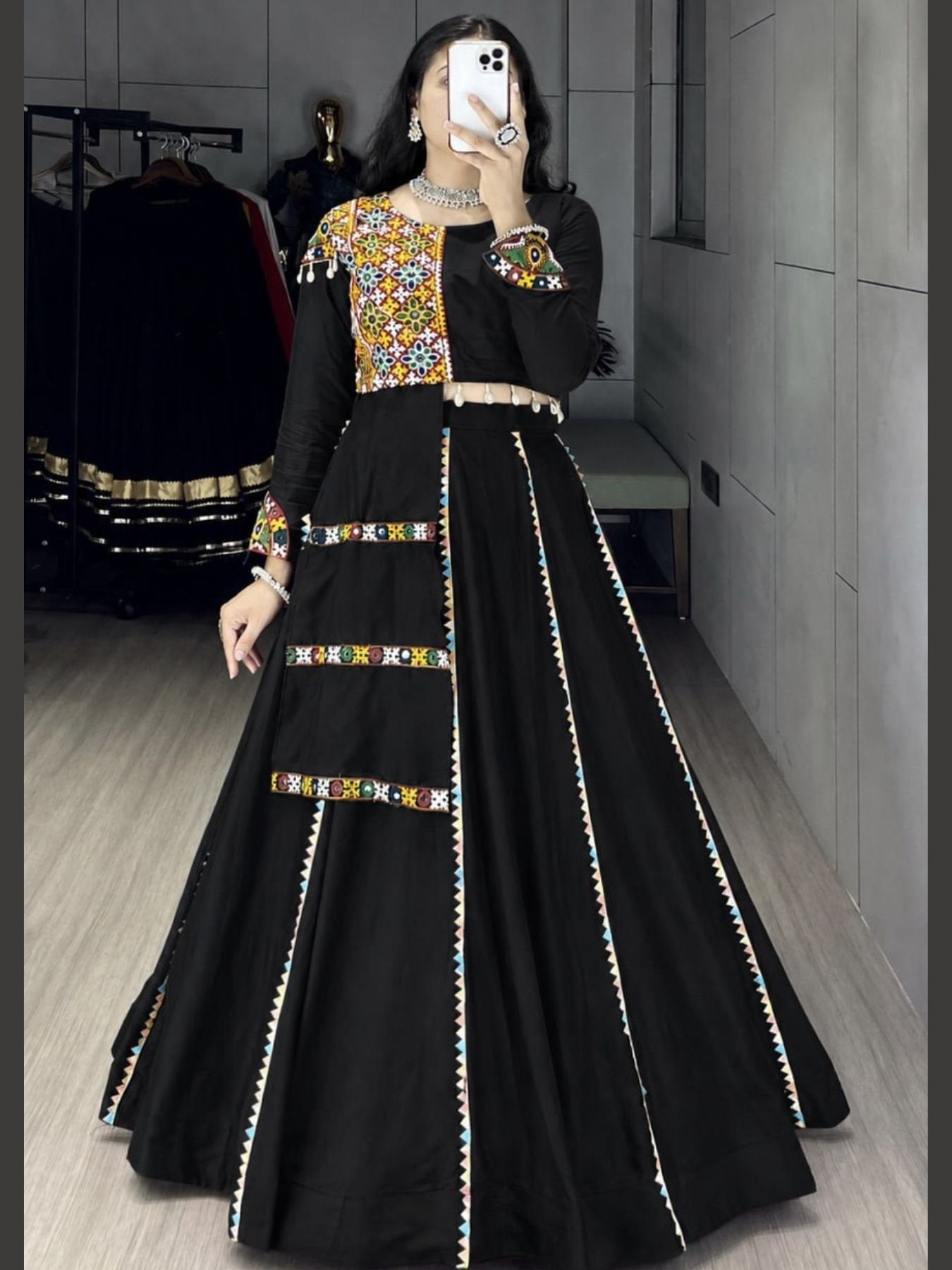 Navratri Cotton Lehenga Set with Real Mirror Gamthi Work styling view