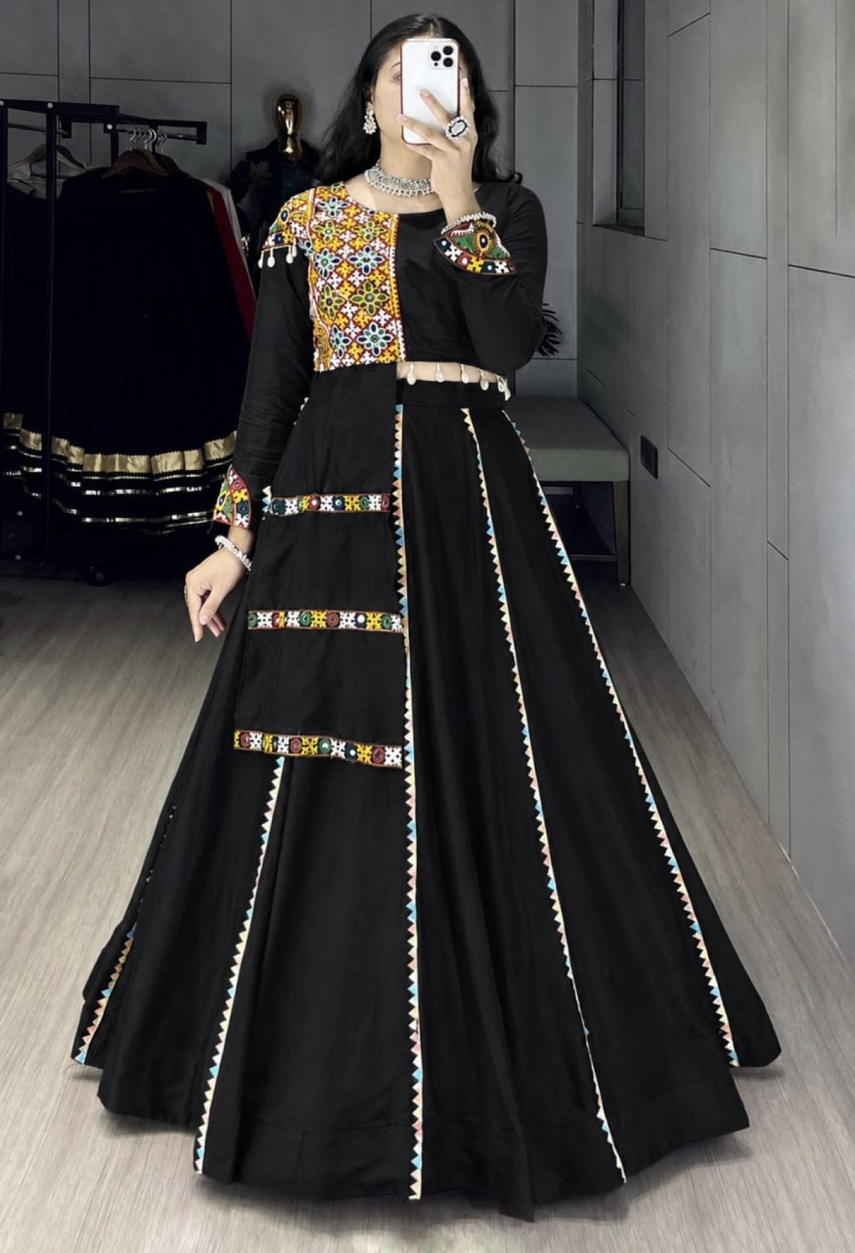 Navratri Cotton Lehenga Set with Real Mirror Gamthi Work colour variant view