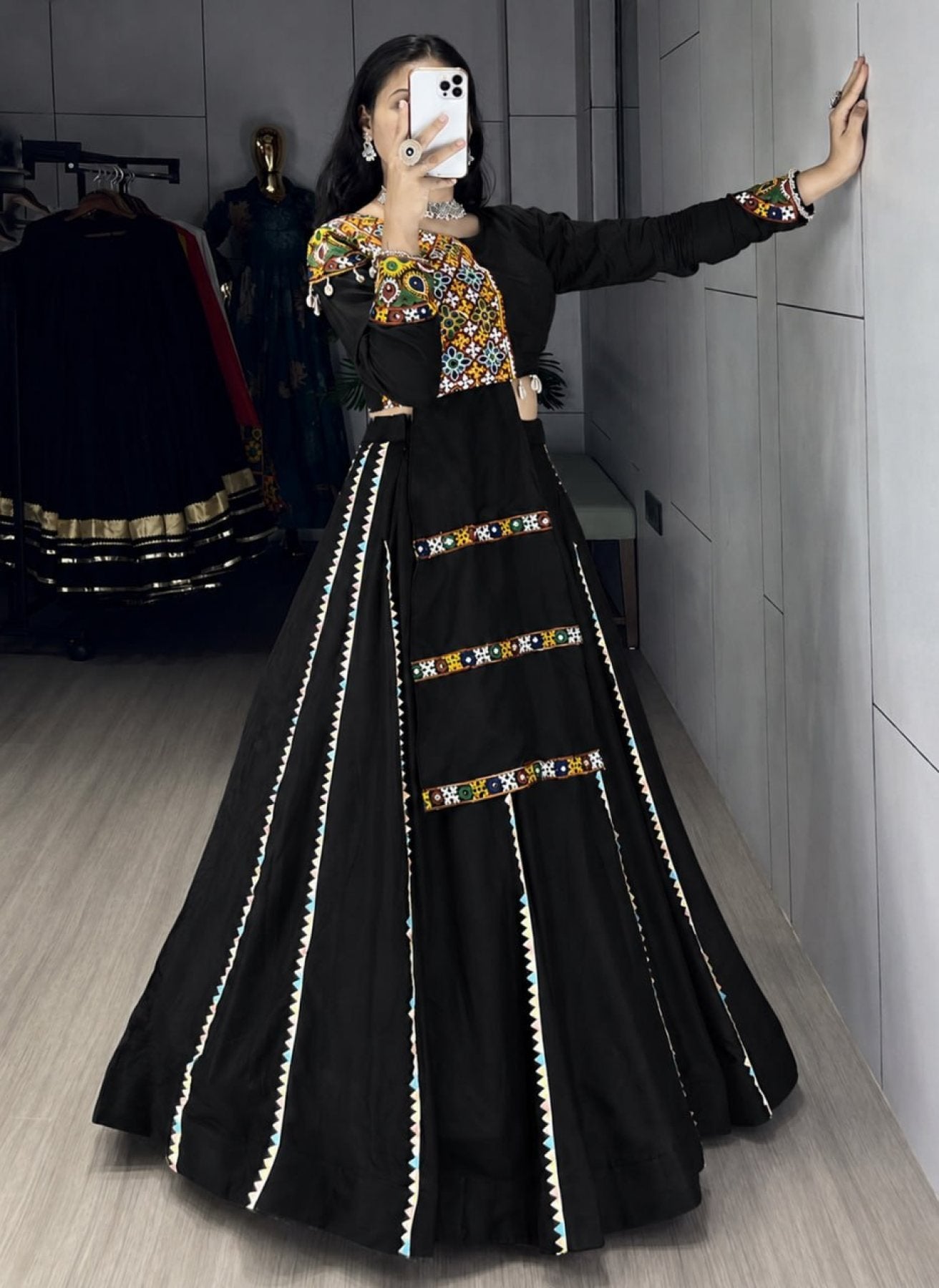 Navratri Cotton Lehenga Set with Real Mirror Gamthi Work front view