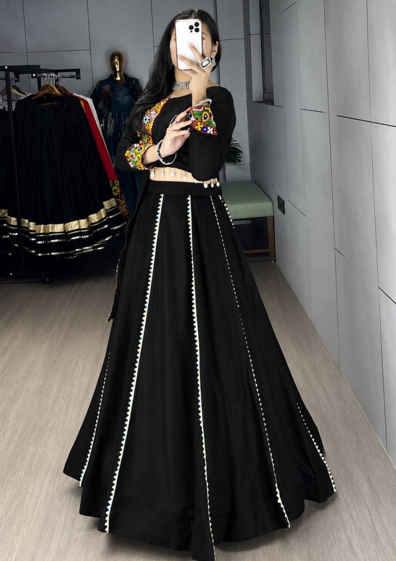 Navratri Cotton Lehenga Set with Real Mirror Gamthi Work full drape view