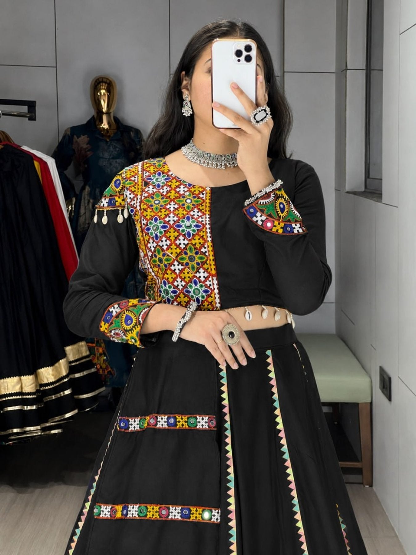 Navratri Cotton Lehenga Set with Real Mirror Gamthi Work blouse and dupatta detail