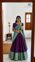 Heavy Lichi Silk Lehenga Choli with Woven Zari Border for Wedding Wear front view