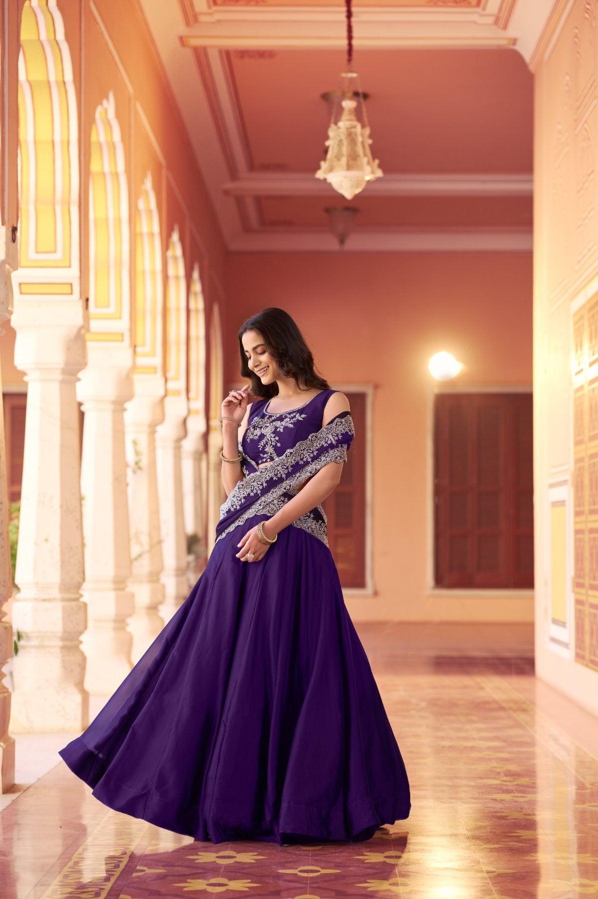 Purle Rangoli Silk Lehenga Set with Embroidery back view