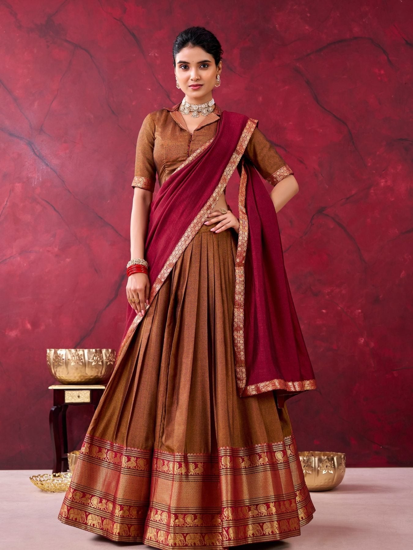 And Teal Narayanpet Silk Lehenga Choli With Zari Weaving Work back view