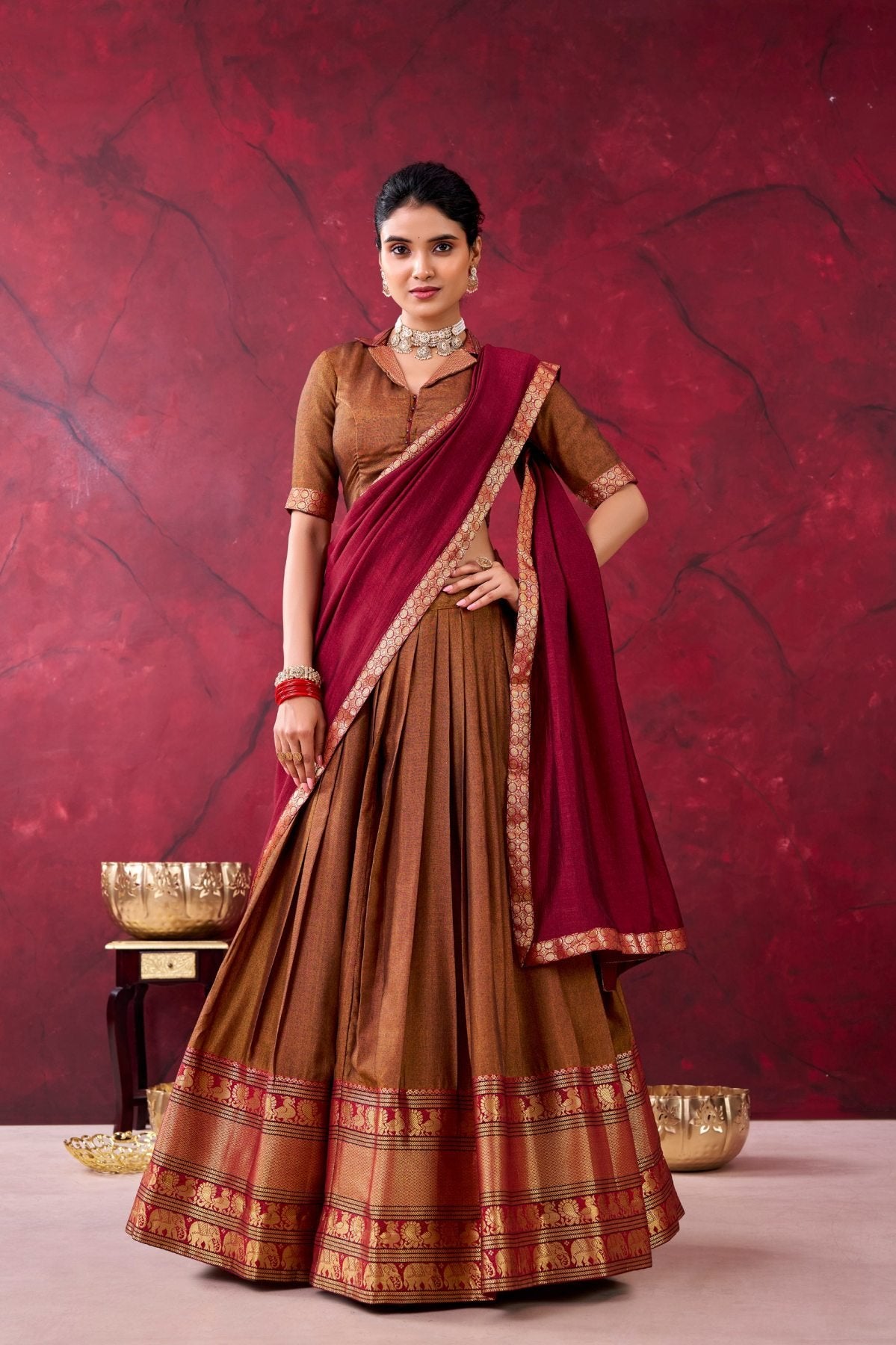 And Teal Narayanpet Silk Lehenga Choli With Zari Weaving Work styling view