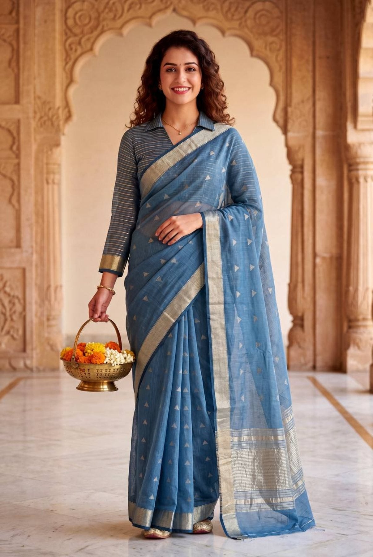 Gold Cotton Saree - drape and pallu detail