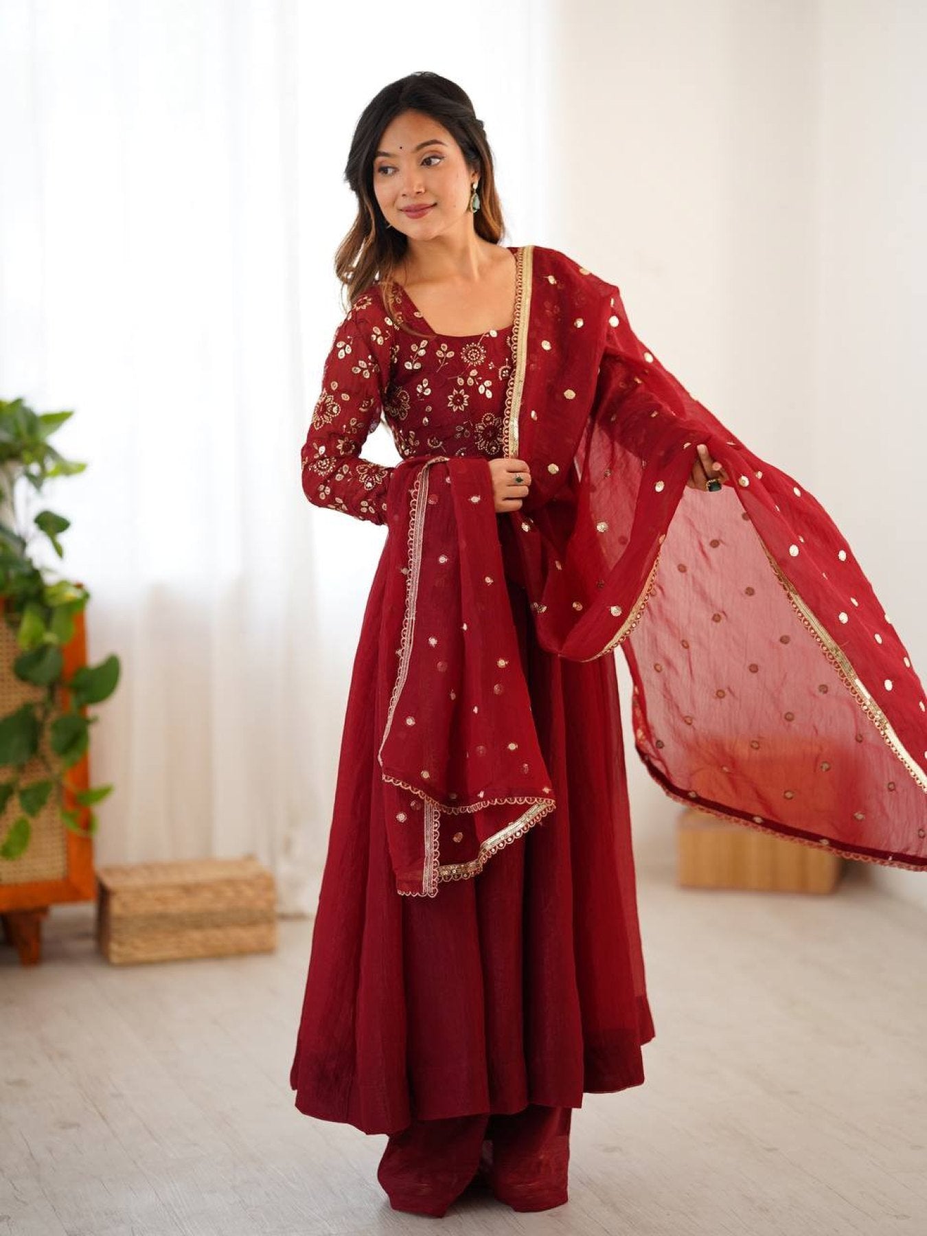 Silk Red Fully Flared Gown with Lace Border Dupatta for Festive wear for women | Snyvia