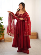 Silk Red Fully Flared Gown with Lace Border Dupatta for Festive wear full set view