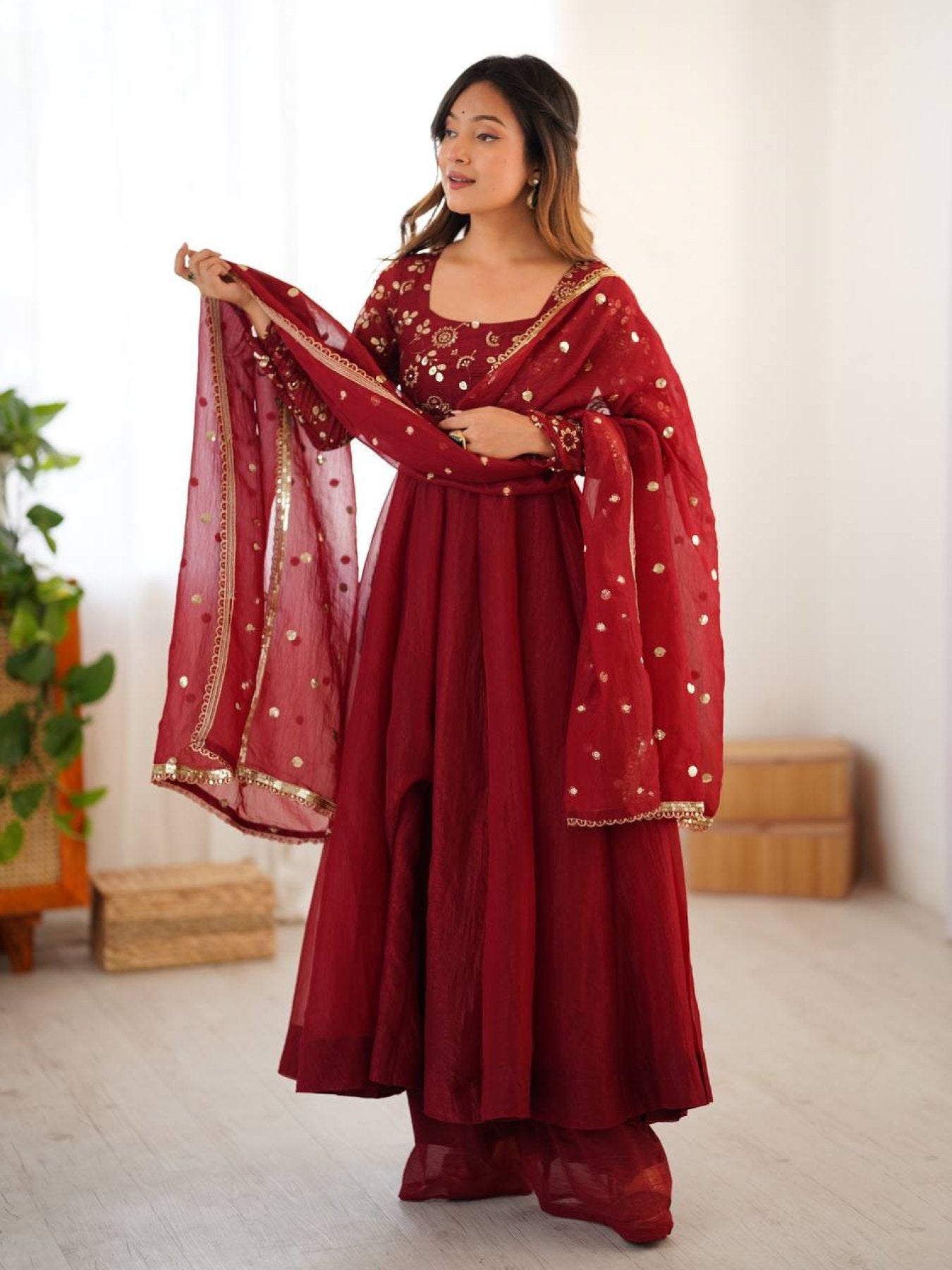 Silk Red Fully Flared Gown with Lace Border Dupatta for Festive wear full set view